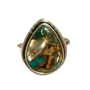 Artisan Black, Blue & Gold Turquoise and Shell Sterling Silver Ring